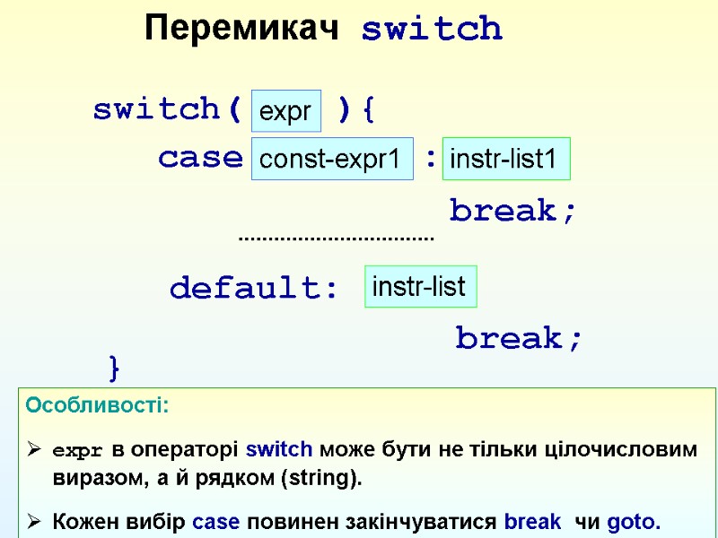 Перемикач switch    Особливості: expr в операторі switch може бути не тільки